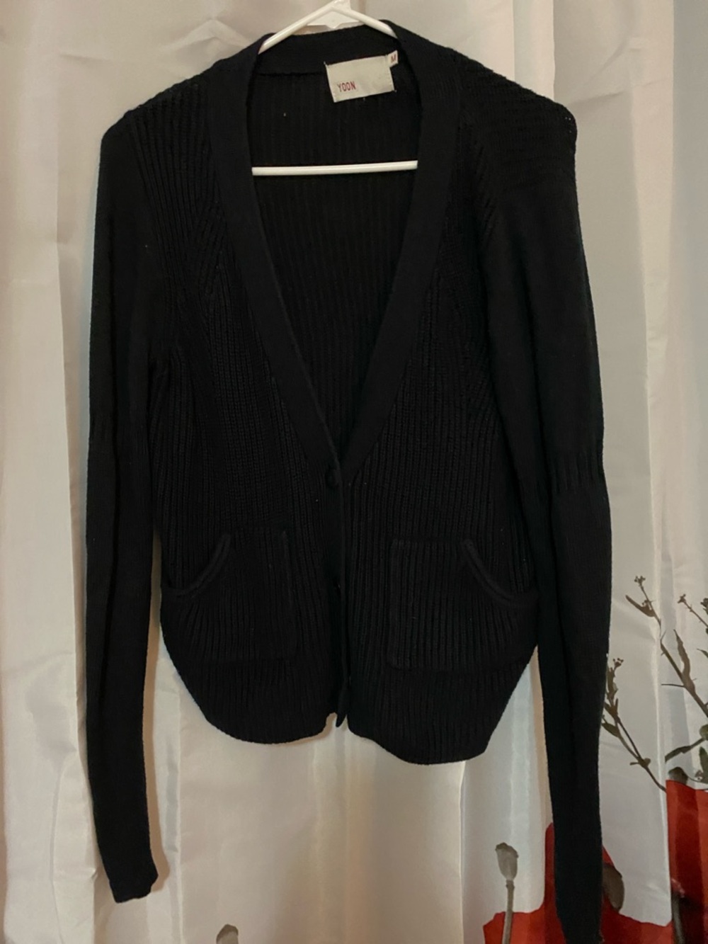 Yoon Black Ribbed Open-Front Cardigan with Front Pockets